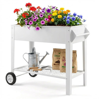 Boîte à fleurs surélevée en acier robuste avec roues verrouillables et tablette de rangement résistante à la rouille, capacité de 400 lb, système de drainage - pour légumes, herbes et fleurs - blanc, 97 x 80 x 37 cm