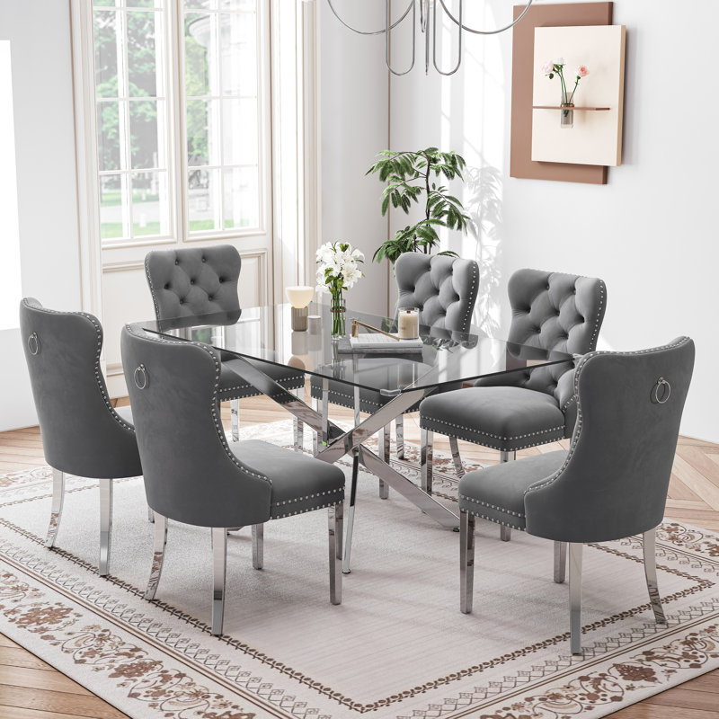 7-Piece Rectangular Glass Dining Set, 63" Modern Tempered Glass Dining Table With Velvet Upholstered Seats, Gray/Silver