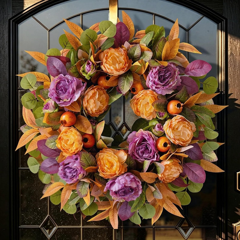 Couronne d'automne 24 po - Pivoine orange et mauve avec décor de porte d'entrée d'eucalyptus pour l'Action de grâce et Halloween