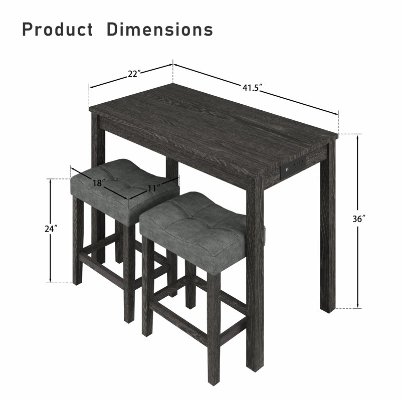 Shrivas Bar Table and Chairs Set, 3-Piece Dining Table Set for 2 with Built-in USB and Power Outlets, Counter Height Table and 2 Bar Stools Space Saving for Dining Room Living Room Small Kitchen