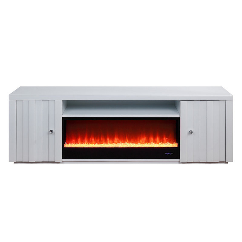 White Solid Wood TV Stand with Electric Fireplace and Cabinets
