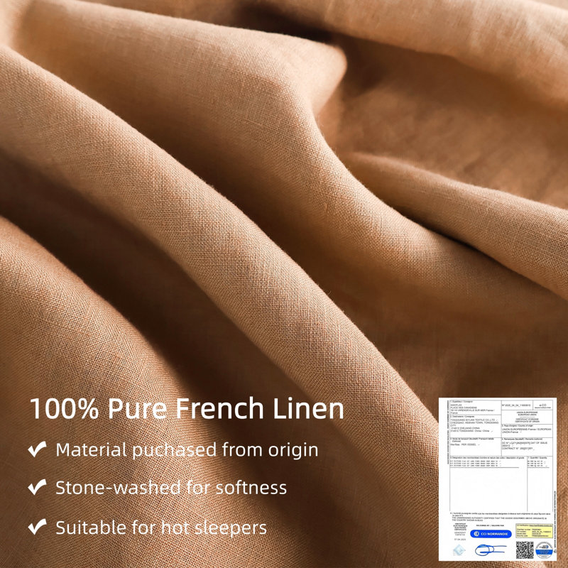 100% French Linen Duvet Cover Set 3pcs All Season 90“x108” Khaki, King Duvet Cover + 2 Pillowcase