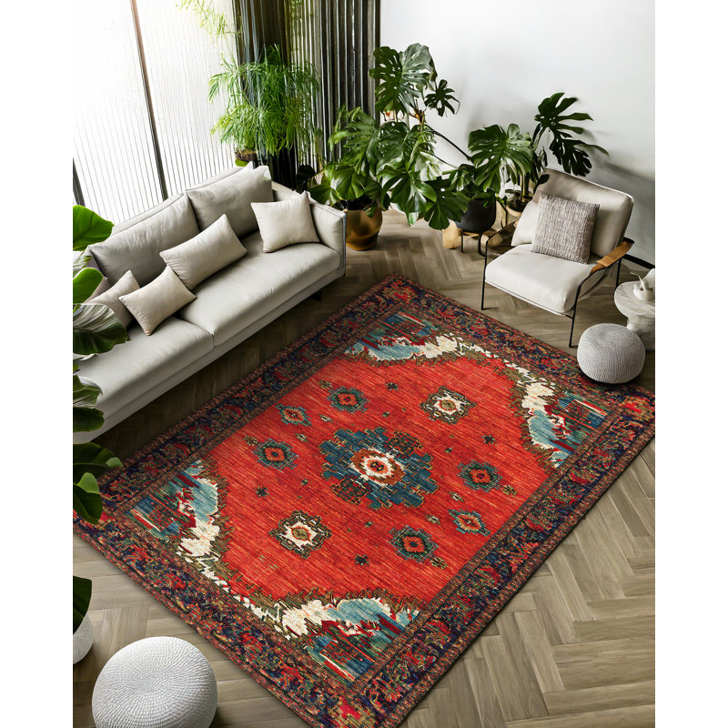 Tapis rouge en coton et polyester Mattis, Rond 3 pi 4 po