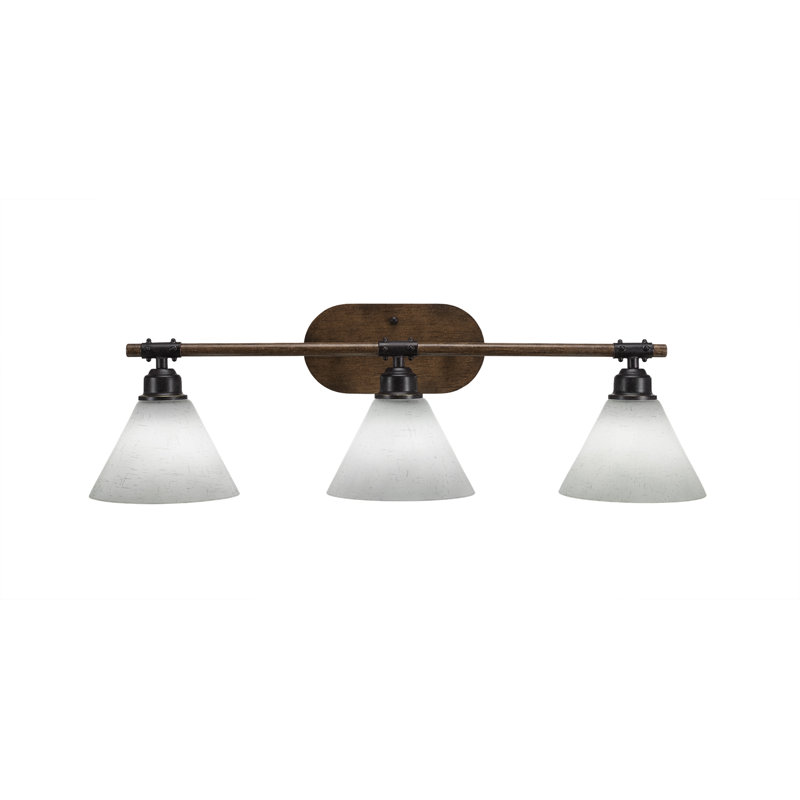 Blacksmith 3 Light Bath Bar Shown In Painted Wood-look Metal & Dark Granite Finish With 7" White Muslin Glass, White Muslin