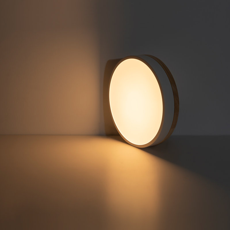 Scandinavian Dimmable Wooden Led Round Flush Mount, White, 2.4" H x 15.7" W x 15.7" D