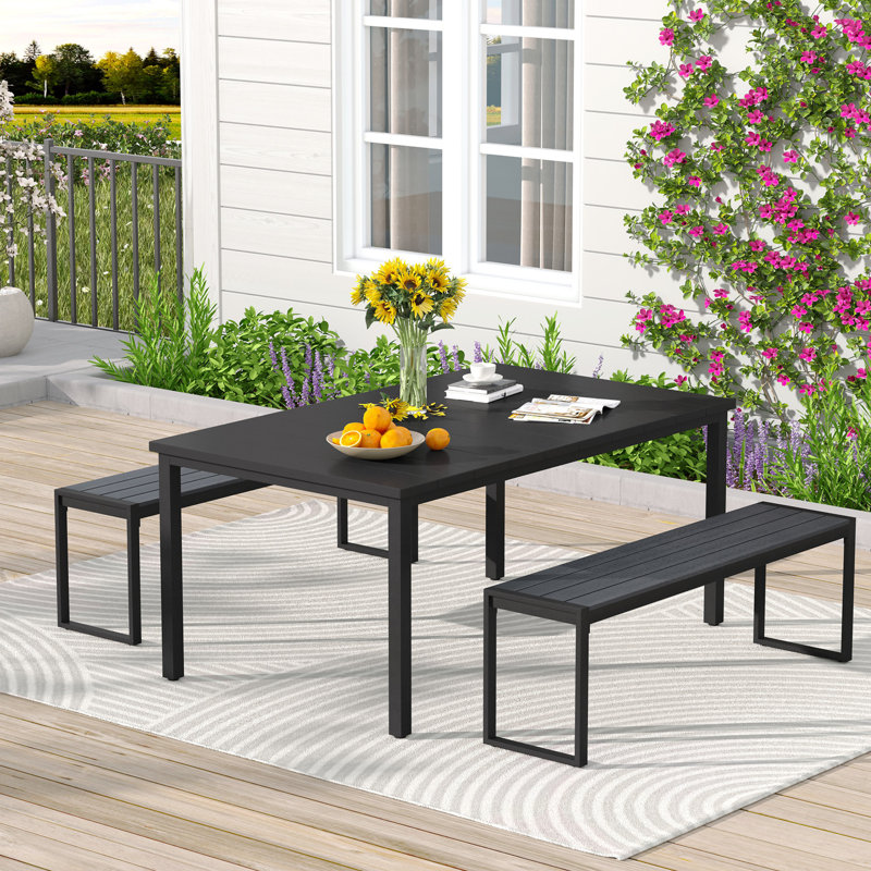 Ensemble repas d'extérieur pour patio avec table de salle à manger rectangulaire et bancs en faux bois, Noir