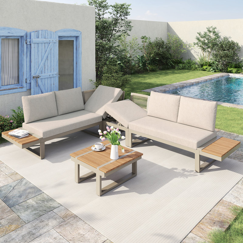 6-Seat Modular Outdoor Corner Sofa With Adjustable Reclining & Galvanized Frame, Beige Cushion/Beige Frame