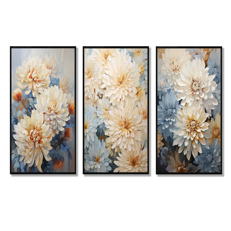 «Garden Bliss Mums In Soft Colors», ensemble de 3 reproductions d'art sur toile, Cadre flottant noir, H 32 po x l 48 po