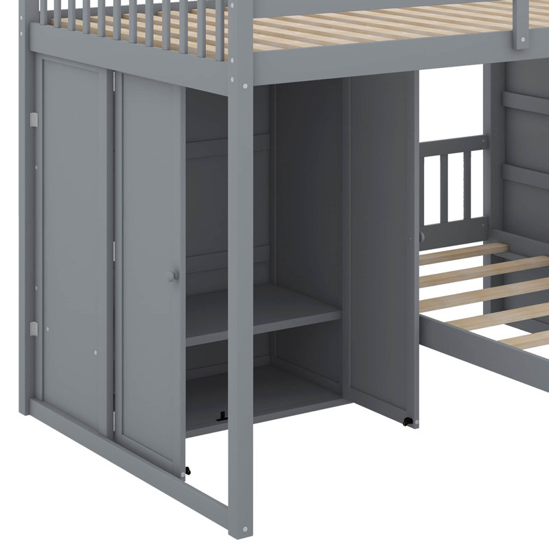 Lit superposé double au-dessus de simple avec garde-robe et tiroirs, Gris