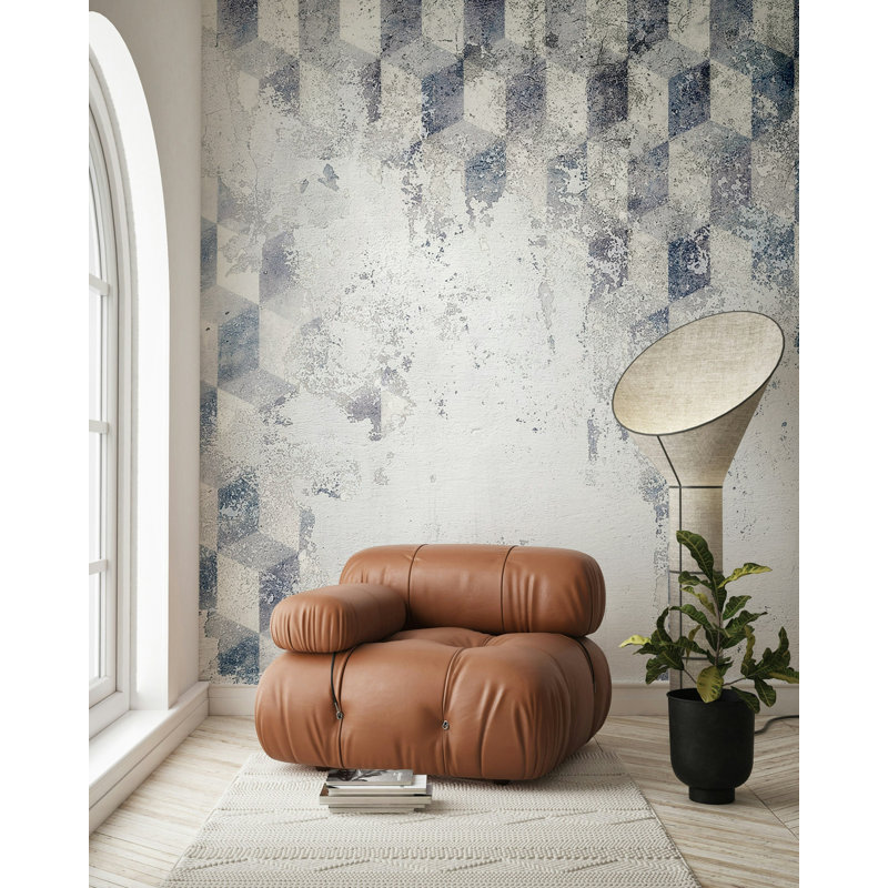 Papier peint motif géométrique bleu patiné, L 100 po x l 150 po