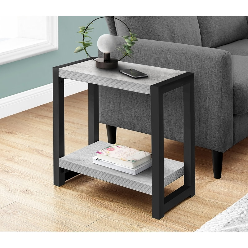 Table d'appoint, côté, bout, étroit, petit, 2 niveaux, stratifié gris, métal noir, contemporain, moderne, Gris
