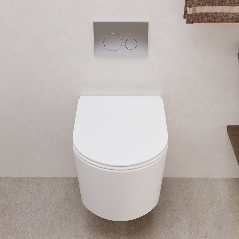 Toilette murale Deervalley DV-1F0379, conception sans rebord, double chasse à haut rendement 1,1 / 1,6 GPF, compatible avec réservoir dissimulé, cuve allongée compacte, céramique blanche, peu encombrante, luminaire de salle de bain moderne