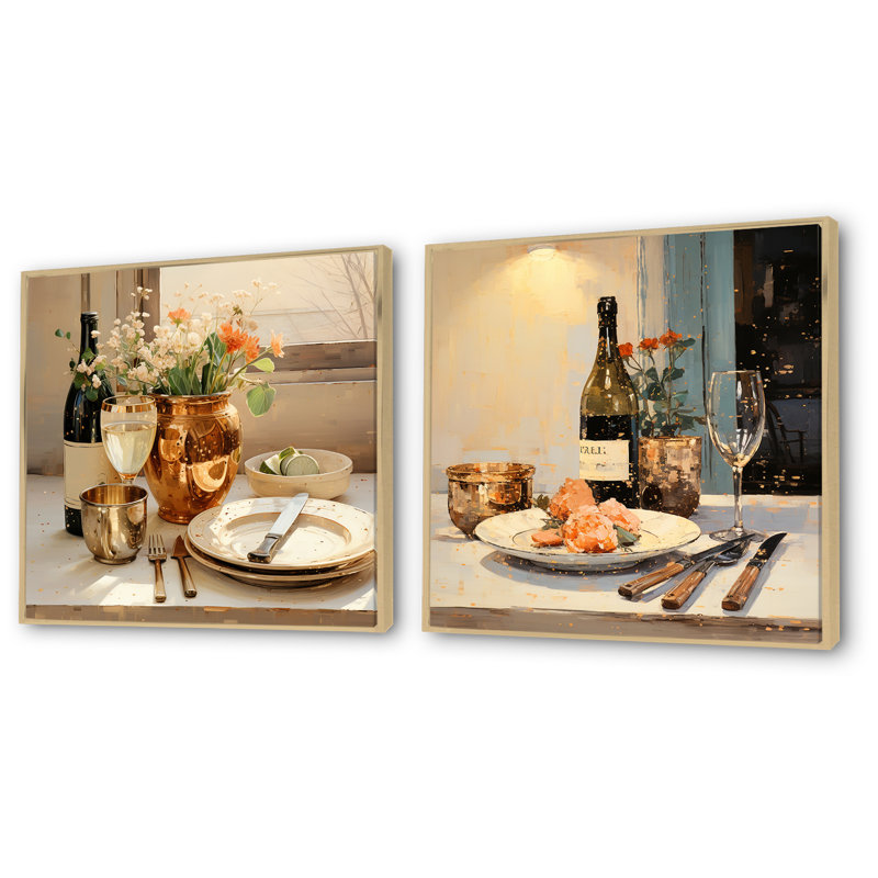 Ensemble de 2 reproductions d'art mural Beige Wine Essence Kitchen, Cadre flottant brun, H 36 po x l 73 po x P 1,5 po