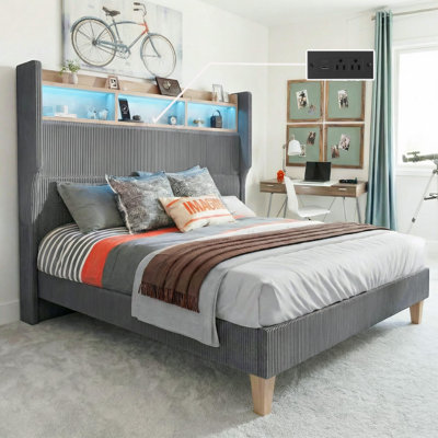 Upholstered Platform Bed Frame with 130CM Tall Headboard, LED Lights & Charging Station, Corduroy Upholstered Platform Bed with Storage Shelf, No Box Spring Needed