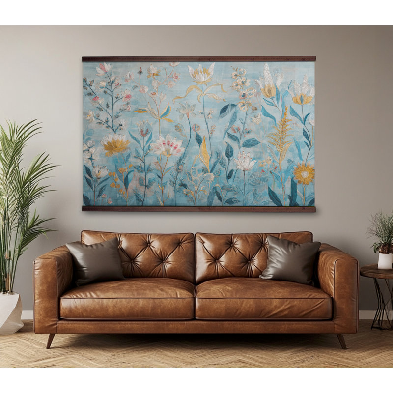 Blue Meadow Extra Large Tapestry - Wall Hanging Botanical Floral Artwork with Wooden Hangers, 45" H x 73" W