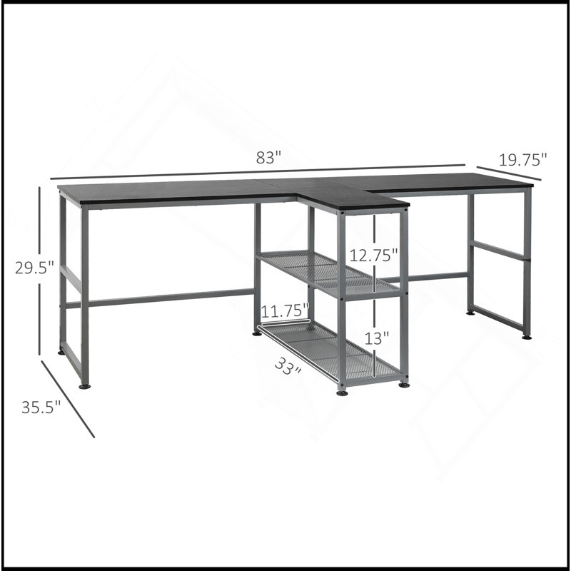 Bureau d'ordinateur 83 po pour 2 personnes avec 2 tablettes de rangement, poste de travail double avec étagère à livres, longue table de bureau pour la maison, noir