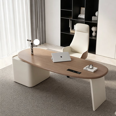 Bureau moderne et minimaliste courbé avec armoire de rangement à tiroirs assortie, polyvalente pour tous les cas de figure