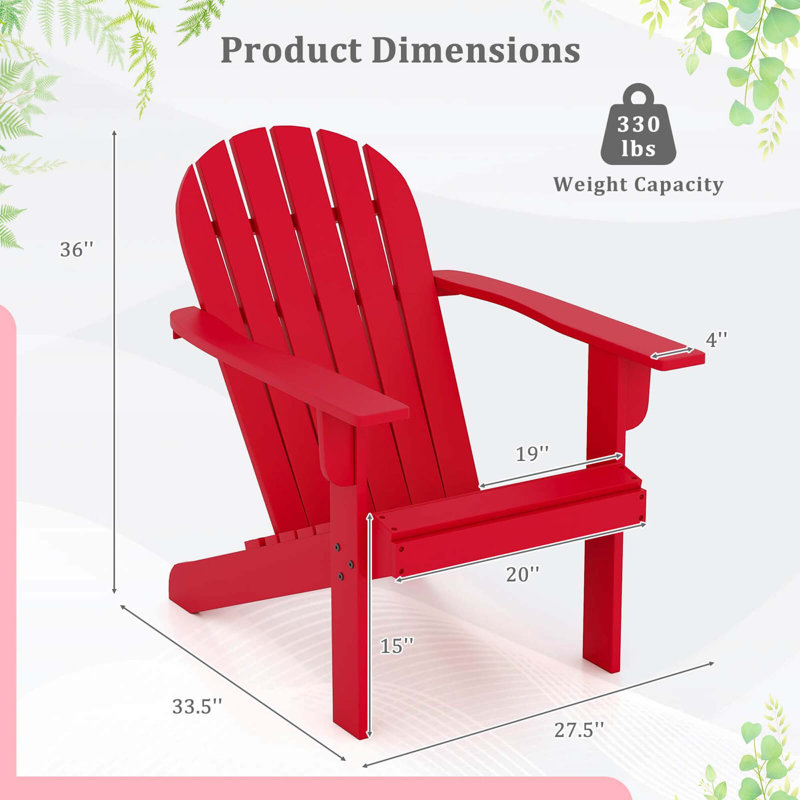 Chaise de patio Adirondack avec dossier haut inclinable et accoudoirs larges , Rouge