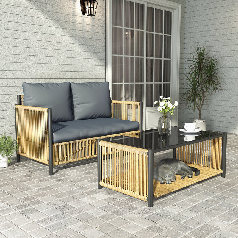 Outdoor PE Wicker 2Seats Sofa With Cushion And Table Set