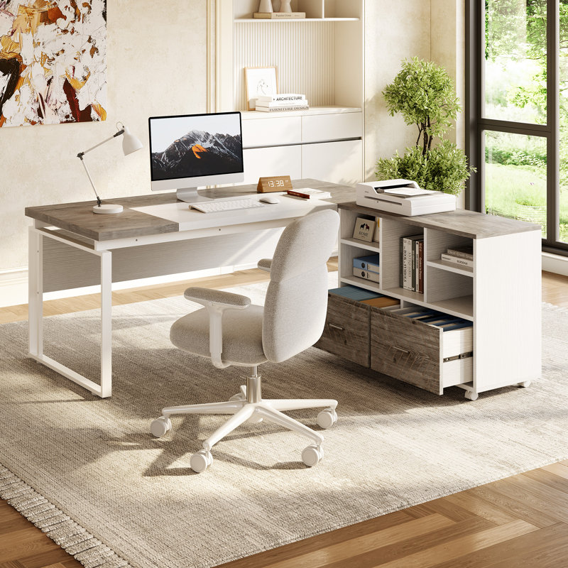 Bureau de direction 2 pièces avec classeur pour bureau personnel, Gris / Blanc