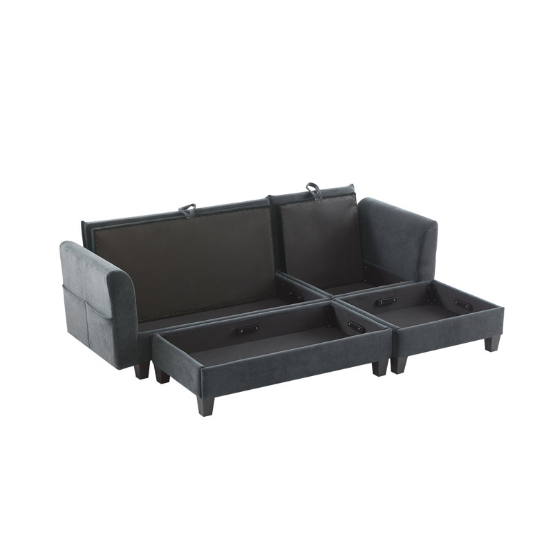 83" Sectional With Hidden Storage, Movable As Bed Or Extension, Side Pockets, Ergonomic , And Six Decorative Throw Pillows For Living Space L-Shaped In Black Storage Feature, Multiple Functions,