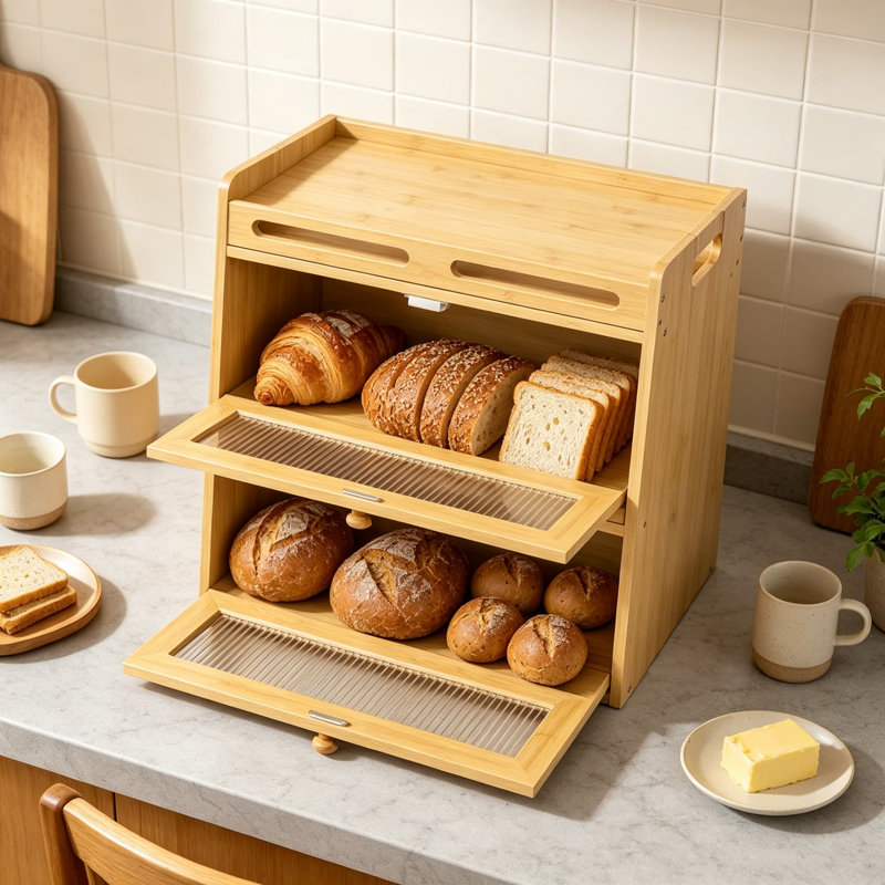 Boîte à pain pour comptoir, organisateur de rangement en bambou à deux niveaux avec tablette supérieure, crochets banane, portes magnétiques en acrylique, contenant hermétique et ventilé pour le pain, les collations et les fruits.