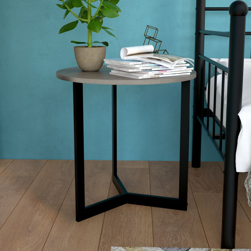 Leonard Round Oak and Black Metal End Table