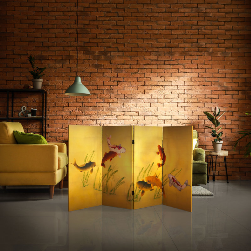 36" x 50.4" Bamboo Tree Double Sided Tree 4 Panel Room Divider, Gold Koi Pond