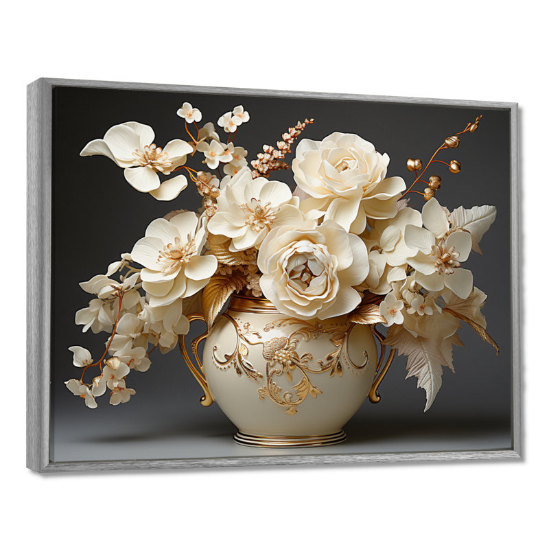 Impression sur toile Baroque Hydrangea blanc et or VII - Hydrangea, H 24 po x l 32 po x P 1 po, Encadrement argenté