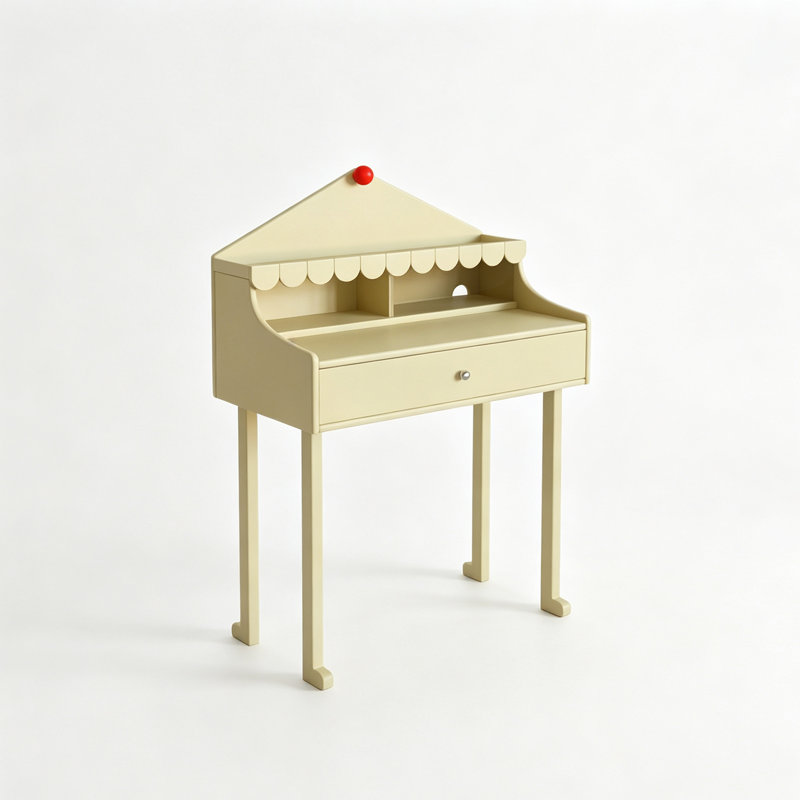 House‑Shaped Cream‑Yellow Solid Wood Vanity Desk with Single Drawer