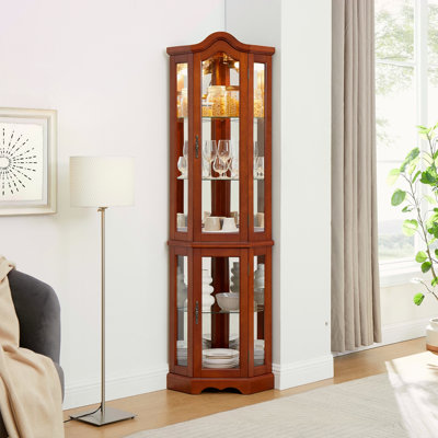 Vitrine de coin avec lumières, tablettes réglables en verre trempé, dos en miroir, vitrine, noyer (ampoule E26 non incluse)