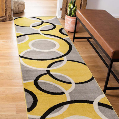 Contemporary Abstract Circles Runner Rug, Non-Shedding Carpet For Hallway, Entryway, Or Kitchen, Yellow,18"X60"