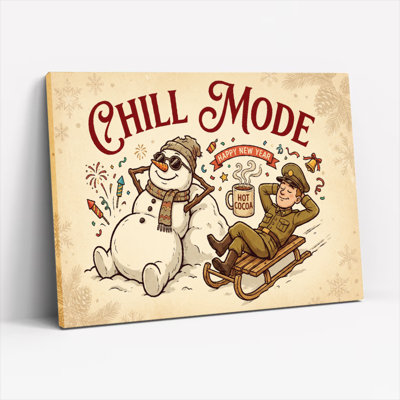 Ensemble de 1 tableau sur toile tendue représentant un bonhomme de neige et un soldat dans une scène d'hiver.