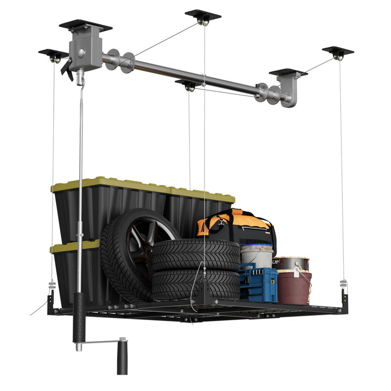 Overhead Garage Storage Rack,4x4FT Ceiling Storage Racks with Secure Lock,Garage Storage Lift System for Easy Up Down,Industrial Elevator Lift Holds 400 Lbs(Anti-Tip Plus)