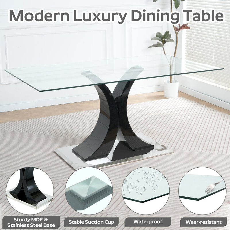 Modern Rectangle Tempered Glass Pedestal Dining Set with Velvet Woven Dining Chair, Black, Ivory