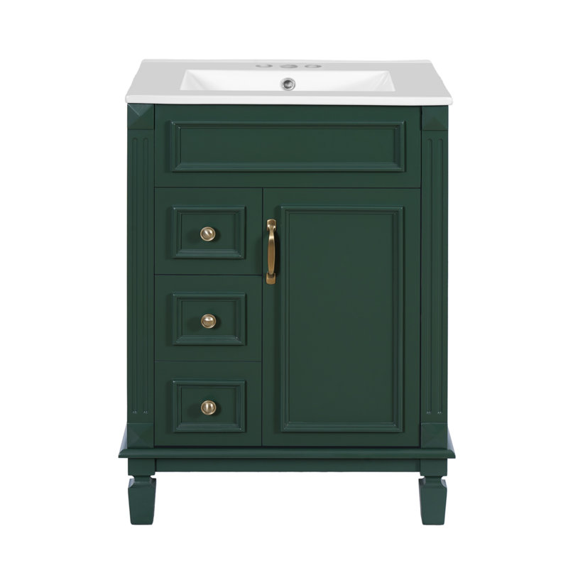 Meuble-lavabo compact de 24 po avec lavabo en céramique, 2 tiroirs et tablettes réglables, vert, Vert, Doré