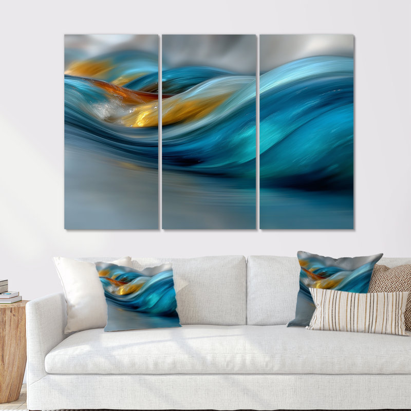 Ensemble de décorations murales bord de mer jaune à vagues bleues et rythmiques, H 40 po x l 60 po, Frameless Metal Print