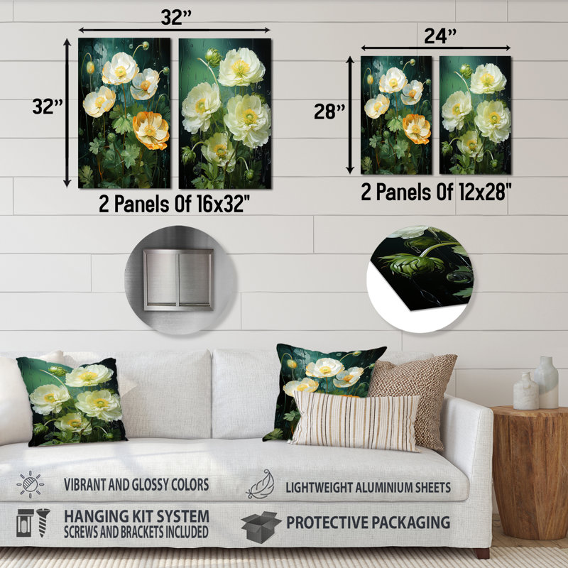 Green Buttercups Realistic Radiance - Ensemble de 2 impressions sur métal Buttercups, H 28 po x l 24 po