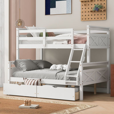 Twin Over Full Bunk Bed With Ladder, Two Storage Drawers, Safety Guardrail, White