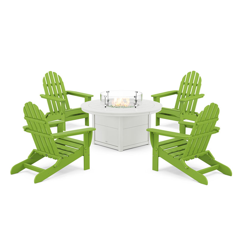 POLYWOOD Classic Folding Adirondack 6-Piece Conversation Set with Fire Pit Table, Lime