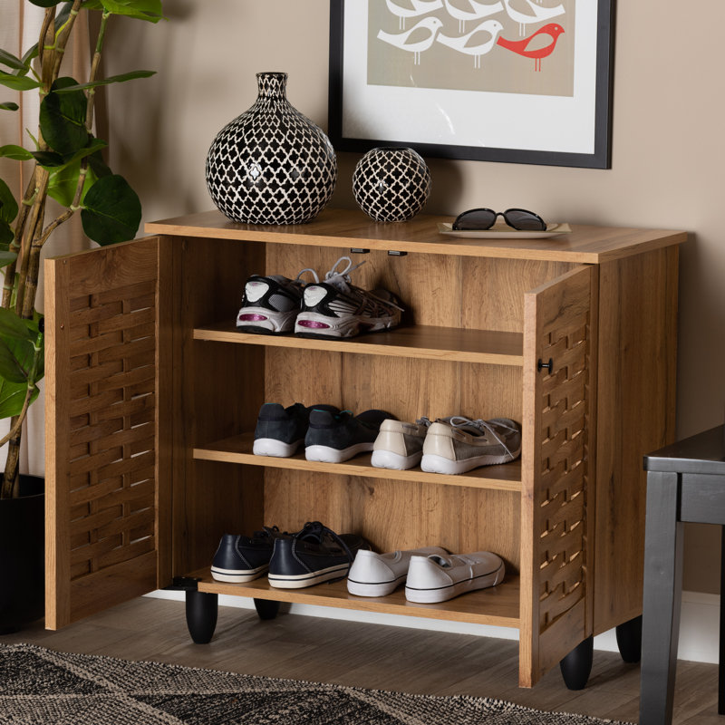 Jovia 2-Door Wooden Shoe Cabinet in Oak Brown Finish, 25.98'' H X 29.57'' W X 12.6'' D