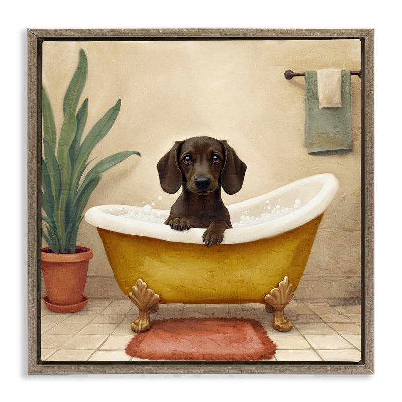 Bubble Bath Brown Dog Floating Frame, design by Kim Allen, 18" H x 18" W, Montalcino Elm Floater Frame