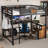 Queen Size Loft Bed with Integrated Desk and Non-Woven Fabric Storage Drawers, Compact Deep Black Metal Construction