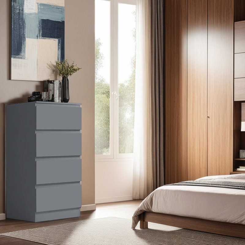 Warren 4 Drawer Tallboy Chest Of Drawers. 40cm Wide. High Gloss Front. Scratch Resistant. Modern No Handle Design., Grey
