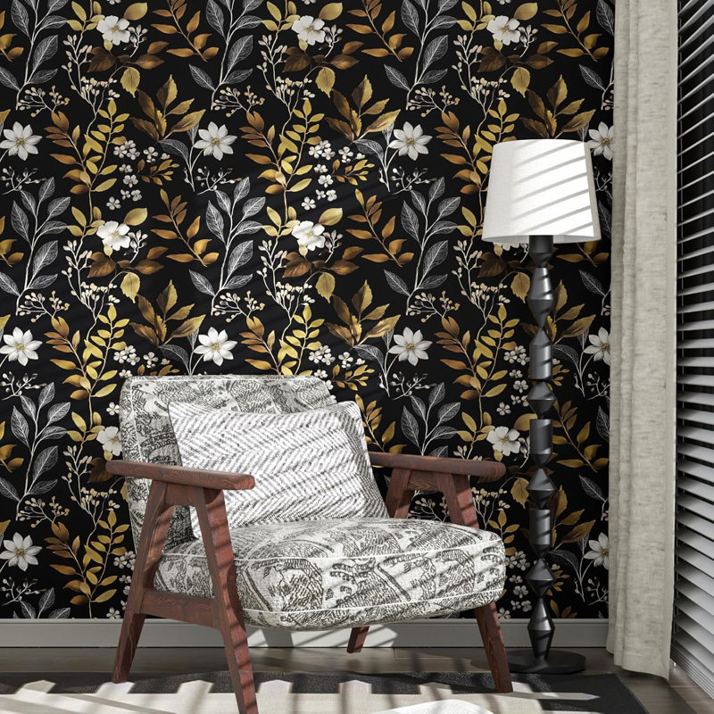 Papier peint auto-adhésif à motif floral noir Boho