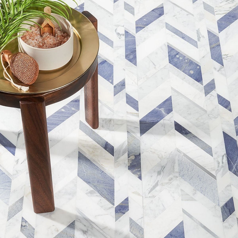 Amari 12x19 Chevron Polished Marble & Aluminum Inlay Mosaic Tile, Azur