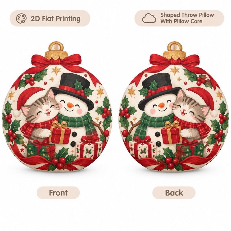 Printed Design - Not Textured Christmas Ornament with Cat And Snowman Shaped Throw Pillow Festive Holiday Decorative Cushion for Cozy Bedroom Sofa Christmas Decor 2D Flat Printing Shaped Stuffed Throw Pillow 55cm