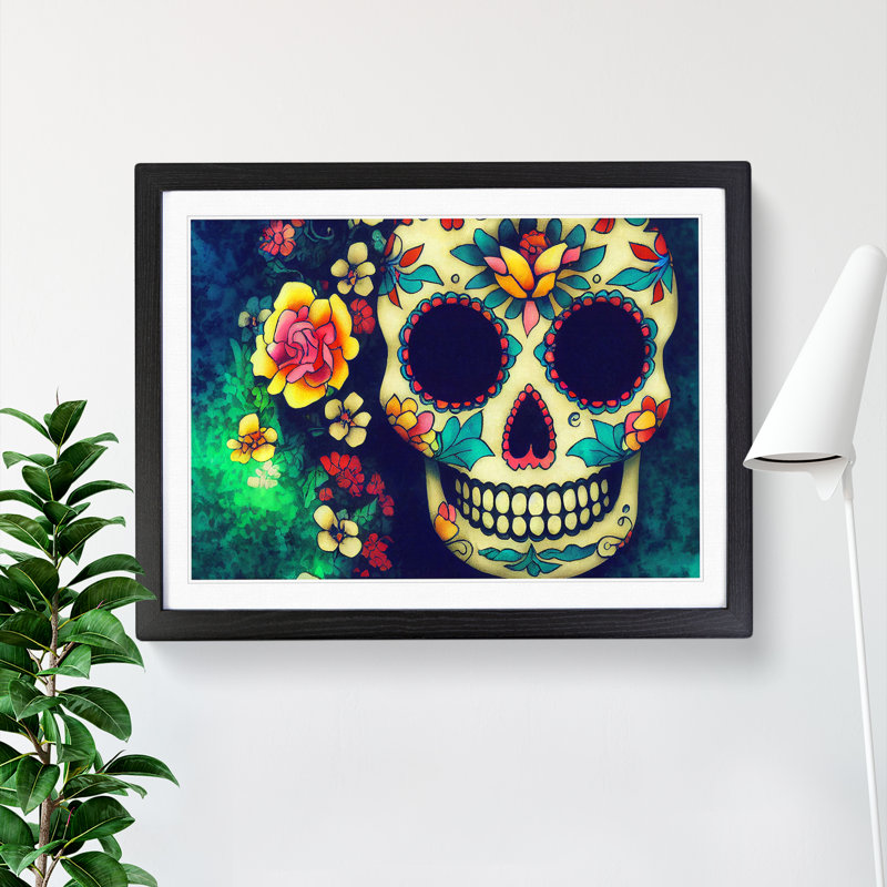 XH1022-6363X Mystical Floral Sugar Skull - Single Picture Frame Print, Black, 46cm H x 64cm W