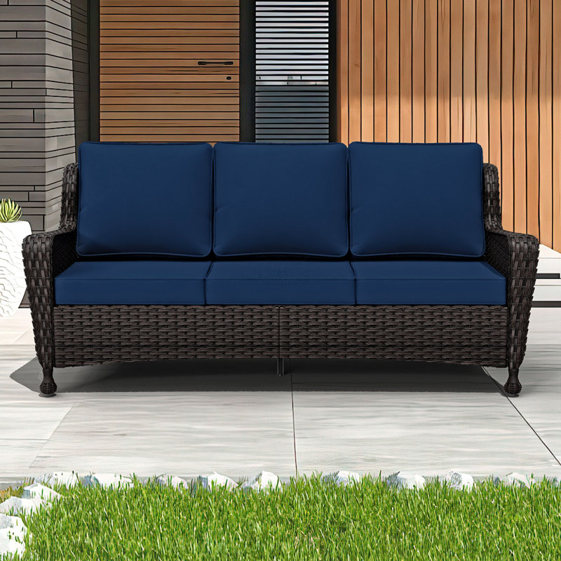Outdoor Wicker Sofa With Cushions, Dark Blue
