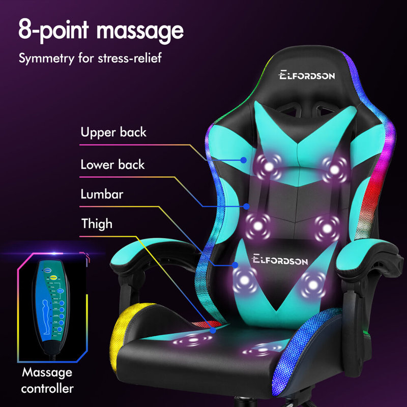 ELFORDSON Adjustable Reclining Swiveling PC & Racing Game Chair with Footrest, Cyan